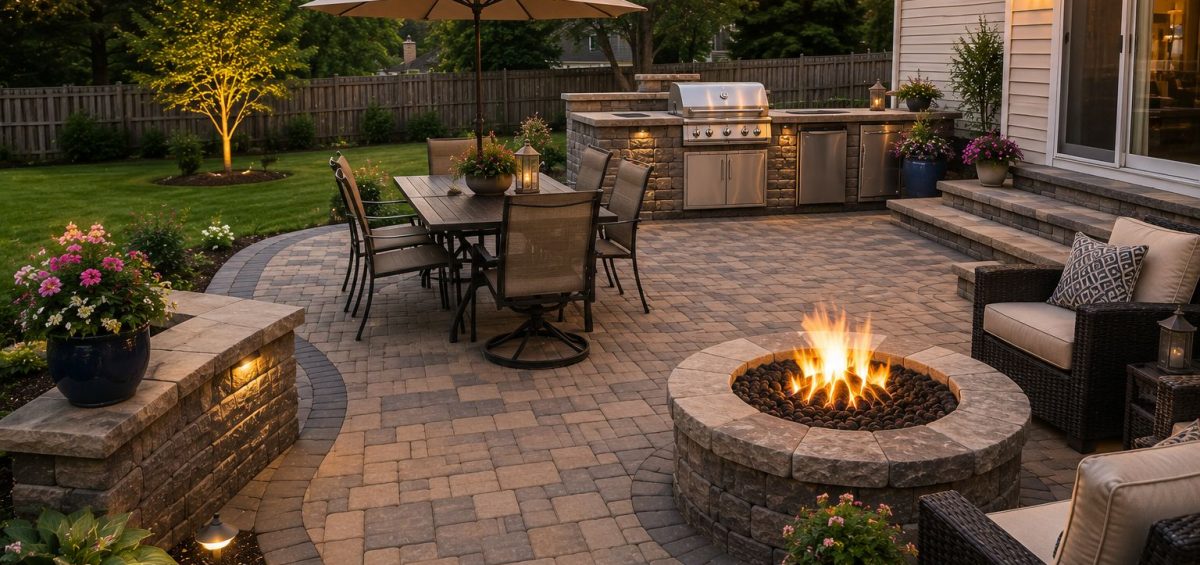 backyard paver patio with fire pit, grill and seating | paver patio contractor Owings Mills | F&M Contractors